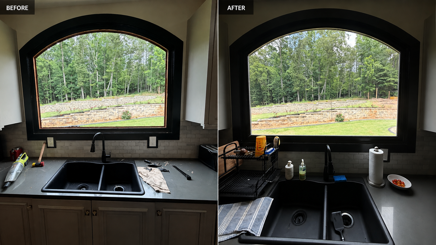 Custom arched window — before & after by ConstruGlass LLC