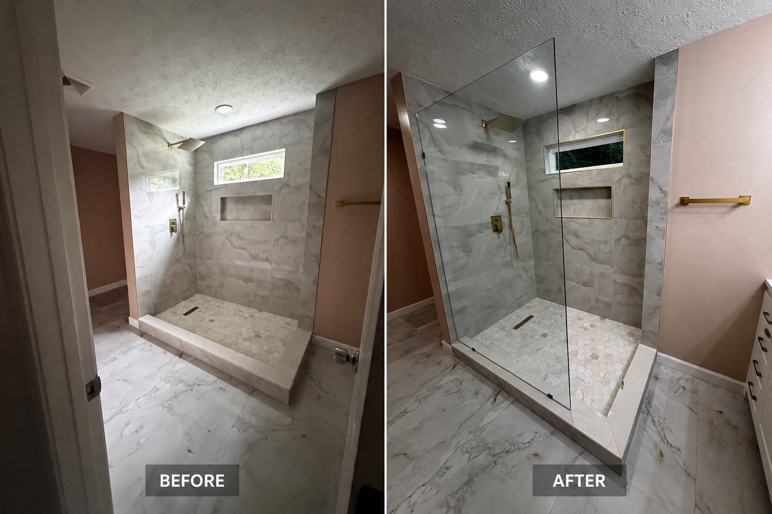 Custom frameless shower glass installation — before & after by ConstruGlass LLC