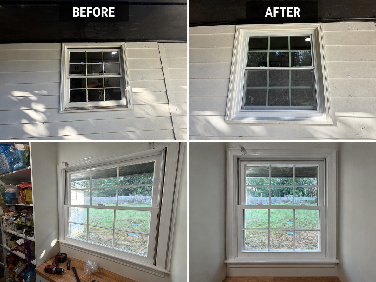 Single-hung window replacement — exterior and interior before & after by ConstruGlass LLC